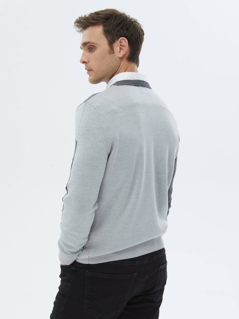 Light Grey Crew Neck Patterned Wool Blend Knitwear Sweater
