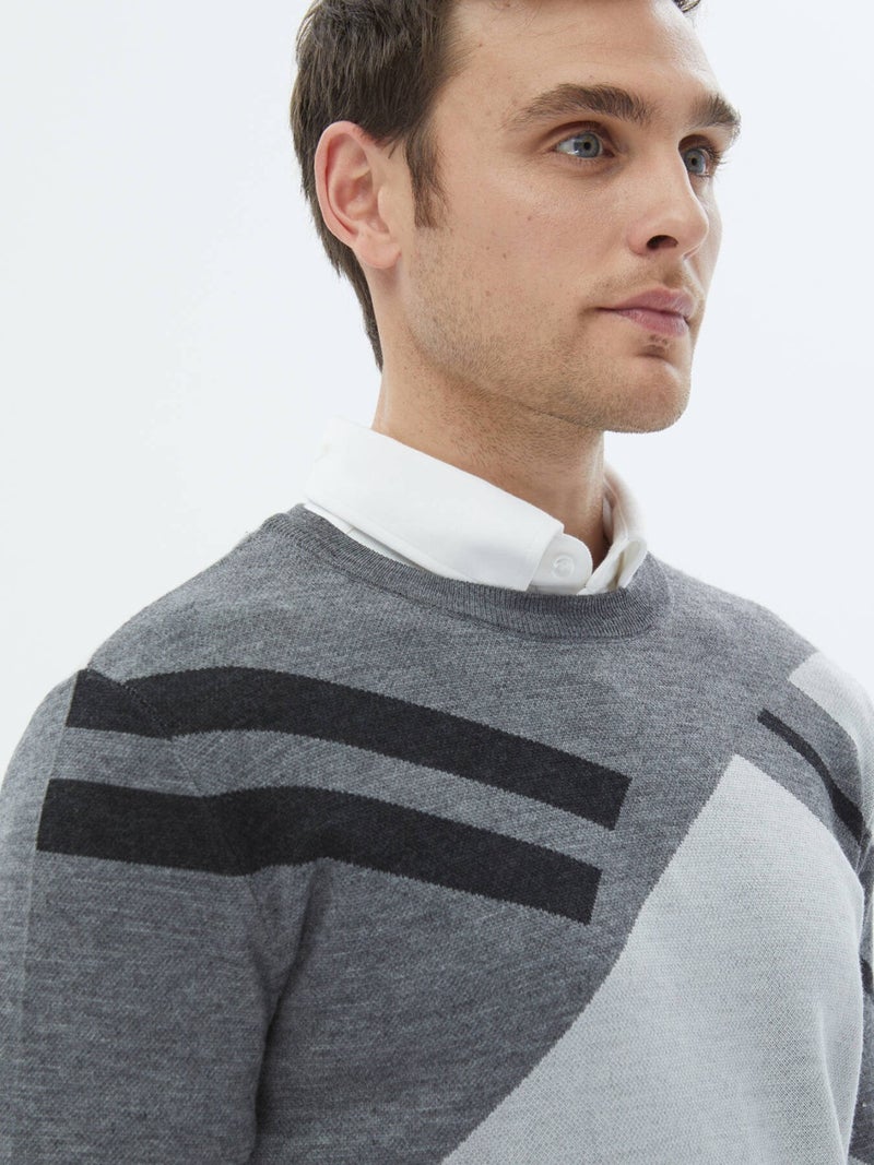 Light Grey Crew Neck Patterned Wool Blend Knitwear Sweater