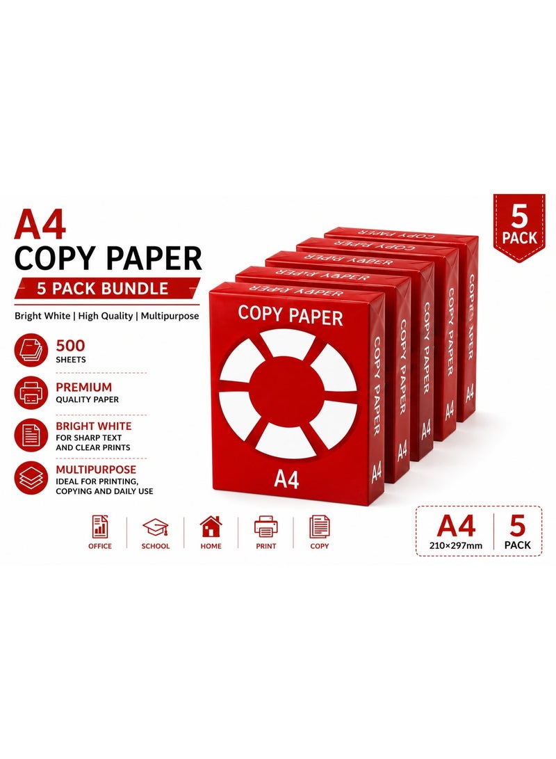 A4 Copy Paper 80 GSM, Premium Multipurpose Printer Paper, High Whiteness, Jam-Free for Inkjet & Laser Printers, 500 Sheets x 5 Bundle Pack, 2500 Sheets - Image 1