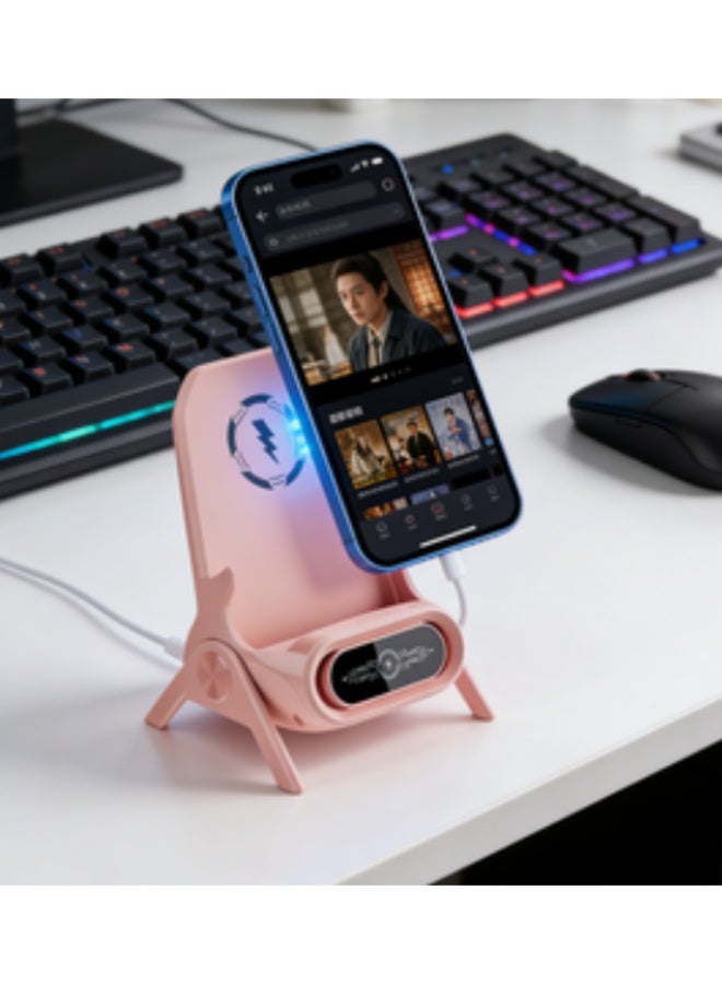 Mini Chair Wireless Fast Charger Multifunctional Phone Holder, Portable Mini Chair Wireless Charger, 3 in 1 Cell Phone Stand for Desk, Charging Desktop Cellphone Stand with Speaker Function (Pink)