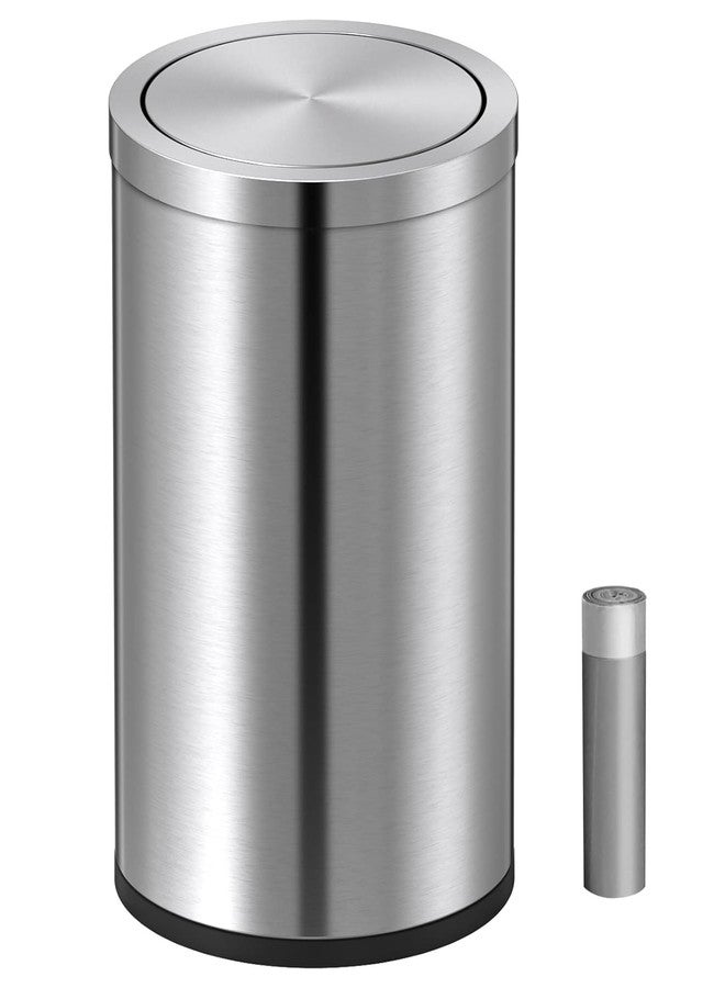 Mbillion Small Trash Can with Swing Lid 4 Gallons/15 Liter, Mini Trash Can with lid, Stainless Steel Cylindrical Garbage Can for Home and Office, for Ground and Desktop(Brushed Silver) - Image 1