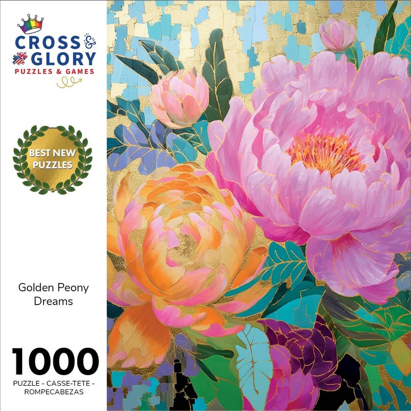 Cross & Glory - Golden Peony Dreams - 1000 Piece Jigsaw Puzzle for Adults | Vibrant Mosaic-Inspired Artwork with Gold Leaf Details | Premium Quality - Image 2