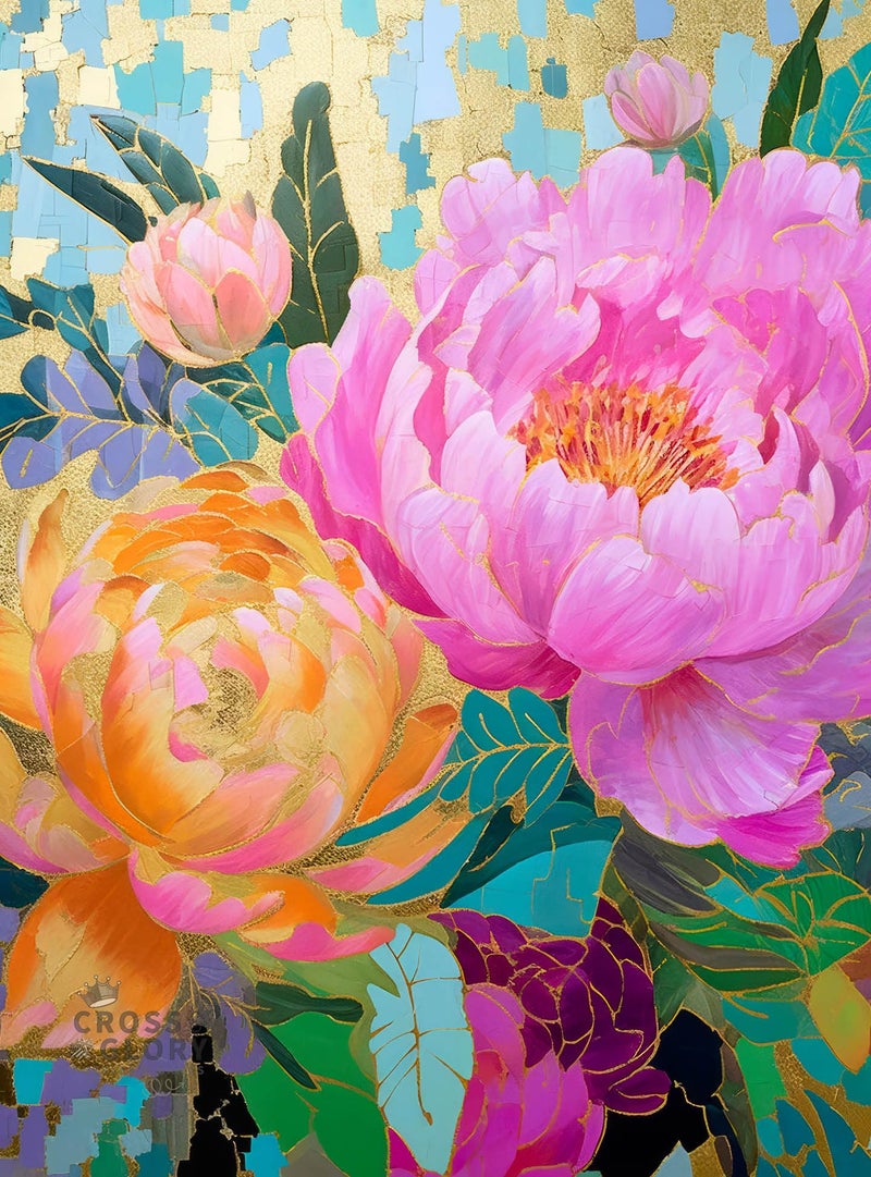 Cross & Glory - Golden Peony Dreams - 1000 Piece Jigsaw Puzzle for Adults | Vibrant Mosaic-Inspired Artwork with Gold Leaf Details | Premium Quality - Image 1