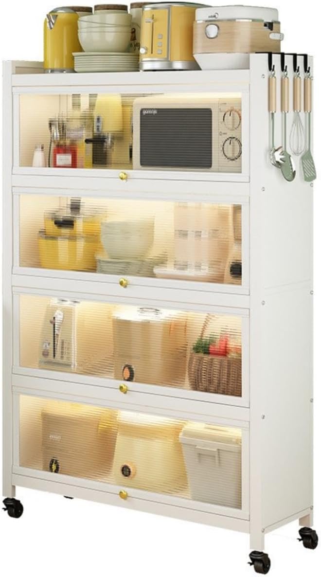 سكاي تاتش خزانة تخزين من 5 طبقات: رف معدني ثقيل مع رف كتب بأربعة أبواب و4 عجلات ومحطة عمل منظمة للمطبخ والمنزل والمكتب والمخزن والدراسة (أبيض 144*80*32 سم)