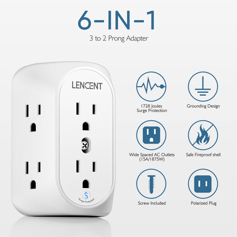 LENCENT 2 Prong Surge Protector Power Strip,2 Prong to 3 Prong Grounding Outlet Adapter,Multi Plug Wall Outlet with 3-Sided 6 Outlets,Power Socket Expander for Non Grounded Kitchen Office Older House - Image 2