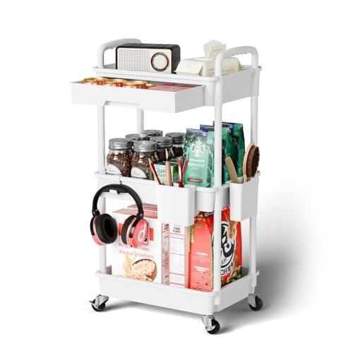 Sorgion 3 Tier Rolling Cart OrganizerLaundry Room Bathroom Organizers and Storage Office Shelves Mobile Shelving Unit Kitchen Trolley Cart with Wheels for ArtCraftDiaperBedsideSnackWhite
