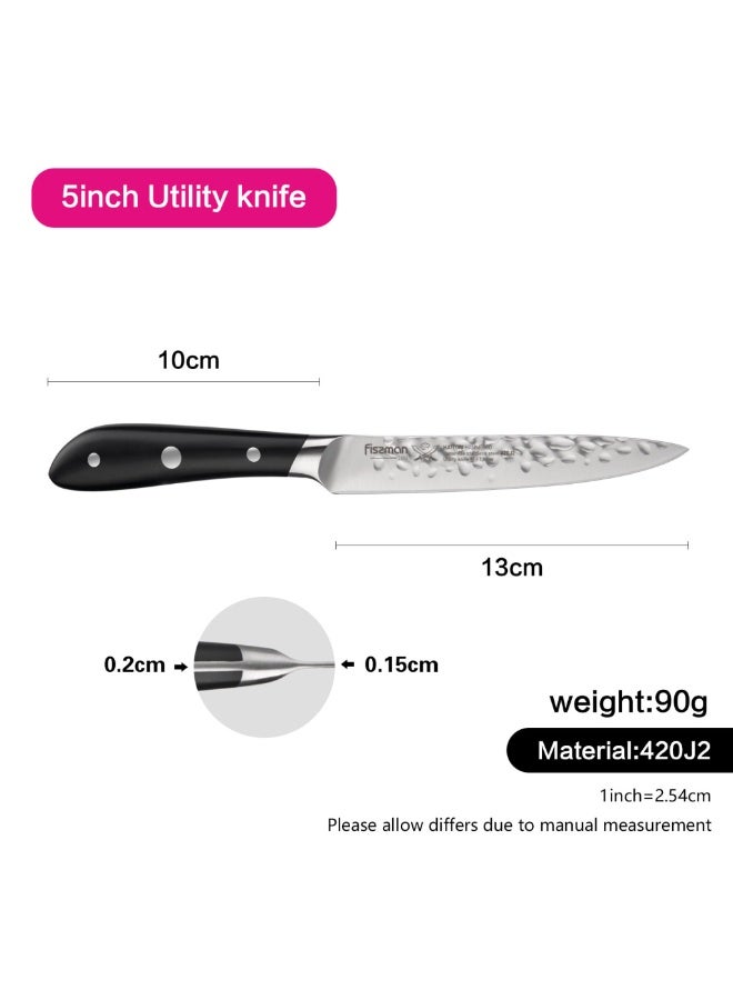 Fissman Utility Knife 5" Japanese Kitchen Tool, Stainless Steel 420J2 Kitchen Knife Hattori Series | Hammered Knife Design | Full-Tang Utility Cooking Knife | Ultra-Sharp Knife with Ergonomic Handle  - Image 3
