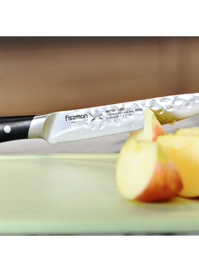 Fissman Utility Knife 5" Japanese Kitchen Tool, Stainless Steel 420J2 Kitchen Knife Hattori Series | Hammered Knife Design | Full-Tang Utility Cooking Knife | Ultra-Sharp Knife with Ergonomic Handle  - Image 5