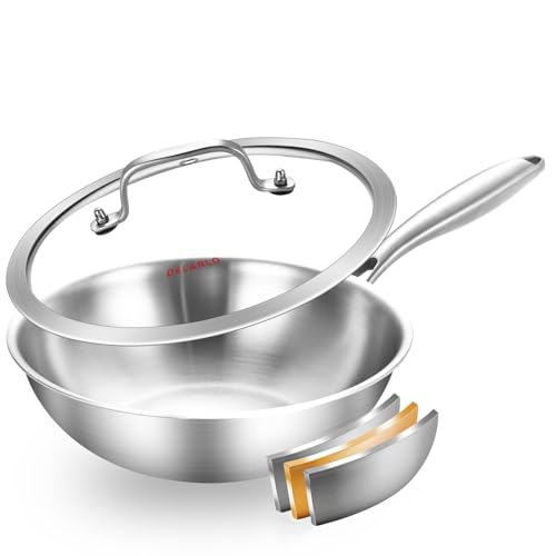 DELARLO Whole Body Tri-Ply Stainless Steel Pan 9.45 inch, Stainless Steel Woks & Stir-Fry Pans, Deep Kitchen Small Wok Pan with Lids, Induction Mini wok 9.45", Suitable for All Stove, Up to 650℉ - Image 1