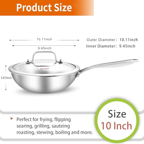 DELARLO Whole Body Tri-Ply Stainless Steel Pan 9.45 inch, Stainless Steel Woks & Stir-Fry Pans, Deep Kitchen Small Wok Pan with Lids, Induction Mini wok 9.45", Suitable for All Stove, Up to 650℉ - Image 3