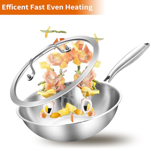 DELARLO Whole Body Tri-Ply Stainless Steel Pan 9.45 inch, Stainless Steel Woks & Stir-Fry Pans, Deep Kitchen Small Wok Pan with Lids, Induction Mini wok 9.45", Suitable for All Stove, Up to 650℉ - Image 5