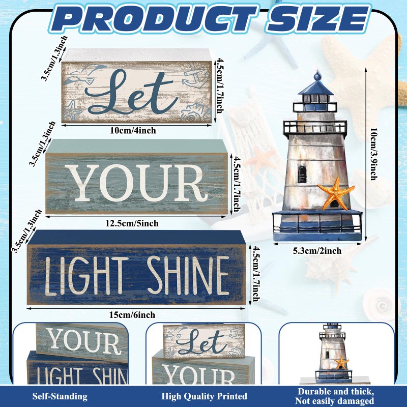 Lineshading 4 Pcs Beach Coastal Table Decor Wooden Lighthouse Decoration with Starfish Summer Tiered Tray Decor Blue and White Ocean Centerpieces Rustic Beach House Nautical Decorations for Home Shelf - Image 3