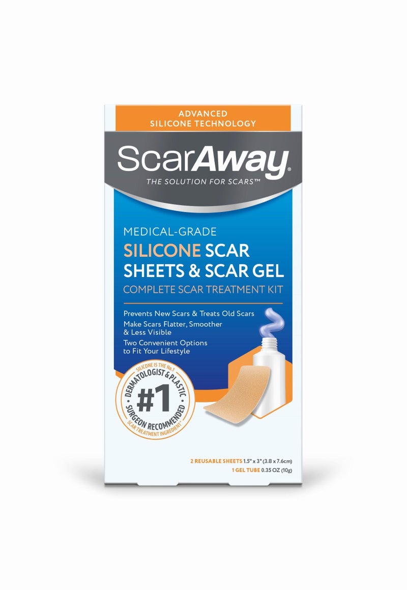 ScarAway Complete Scar Treatment Kit, Clinically Supported Treatment (Pack of 2) Tan Medical-Grade Silicone Scar Sheets (1.5" x 3") and Silicone Gel (0.35 Oz), Water-Resistant & Self-Adhesive - Image 1