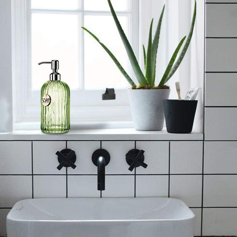 JASAI 18 Oz Vertical Striped Green Soap Dispenser with 304 Rust Proof Stainless Steel Pump, Refillable Lotion Soap Dispenser for Bathroom, Kitchen, Hand Soap, Dish Soap (Clear Green) - Image 4