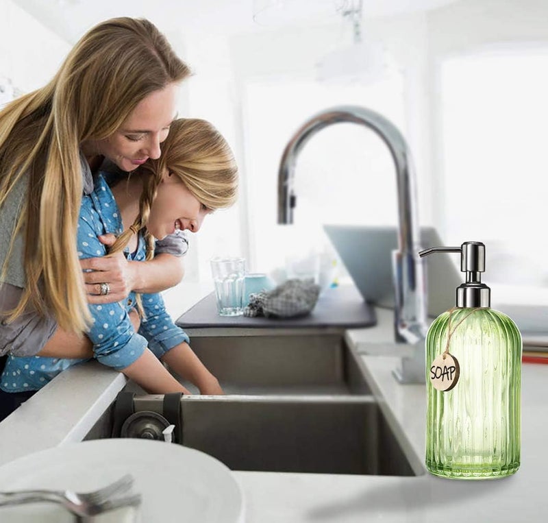 JASAI 18 Oz Vertical Striped Green Soap Dispenser with 304 Rust Proof Stainless Steel Pump, Refillable Lotion Soap Dispenser for Bathroom, Kitchen, Hand Soap, Dish Soap (Clear Green) - Image 2