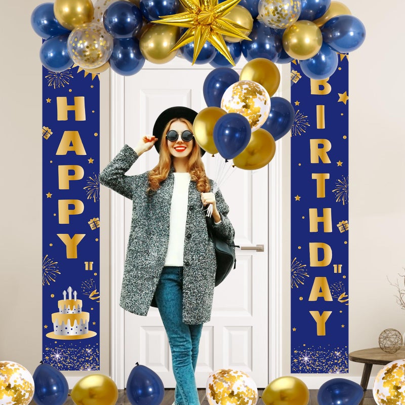 Distasio Blue and Gold Birthday Decorations for Men Boys Women Girls, Happy Birthday Decorations Gold and Blue Party Decoration, Happy Birthday Banner Balloons Tablecover Fringe Curtain, Mens Boy Bday Decor - Image 5