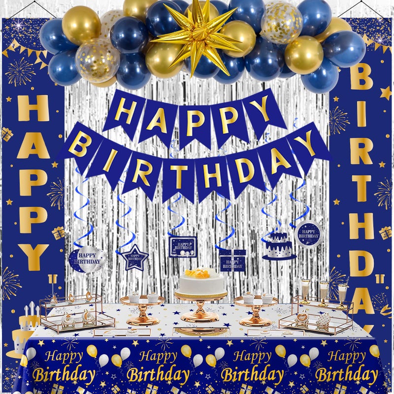 Distasio Blue and Gold Birthday Decorations for Men Boys Women Girls, Happy Birthday Decorations Gold and Blue Party Decoration, Happy Birthday Banner Balloons Tablecover Fringe Curtain, Mens Boy Bday Decor - Image 1
