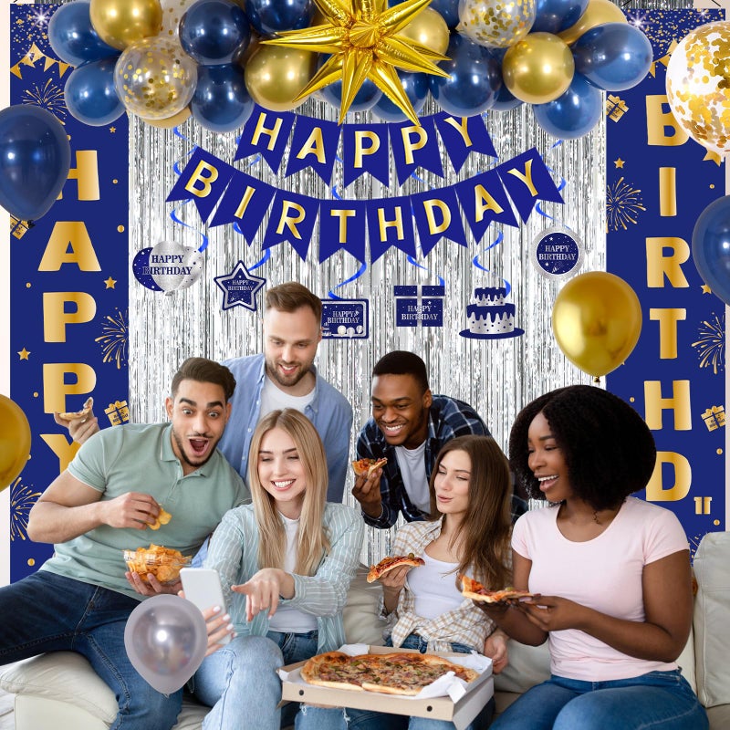 Distasio Blue and Gold Birthday Decorations for Men Boys Women Girls, Happy Birthday Decorations Gold and Blue Party Decoration, Happy Birthday Banner Balloons Tablecover Fringe Curtain, Mens Boy Bday Decor - Image 4