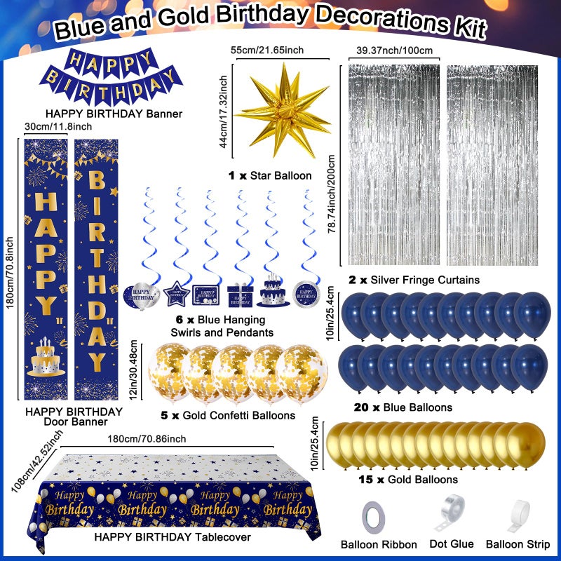 Distasio Blue and Gold Birthday Decorations for Men Boys Women Girls, Happy Birthday Decorations Gold and Blue Party Decoration, Happy Birthday Banner Balloons Tablecover Fringe Curtain, Mens Boy Bday Decor - Image 2