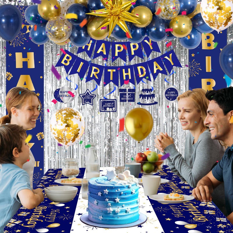 Distasio Blue and Gold Birthday Decorations for Men Boys Women Girls, Happy Birthday Decorations Gold and Blue Party Decoration, Happy Birthday Banner Balloons Tablecover Fringe Curtain, Mens Boy Bday Decor - Image 3