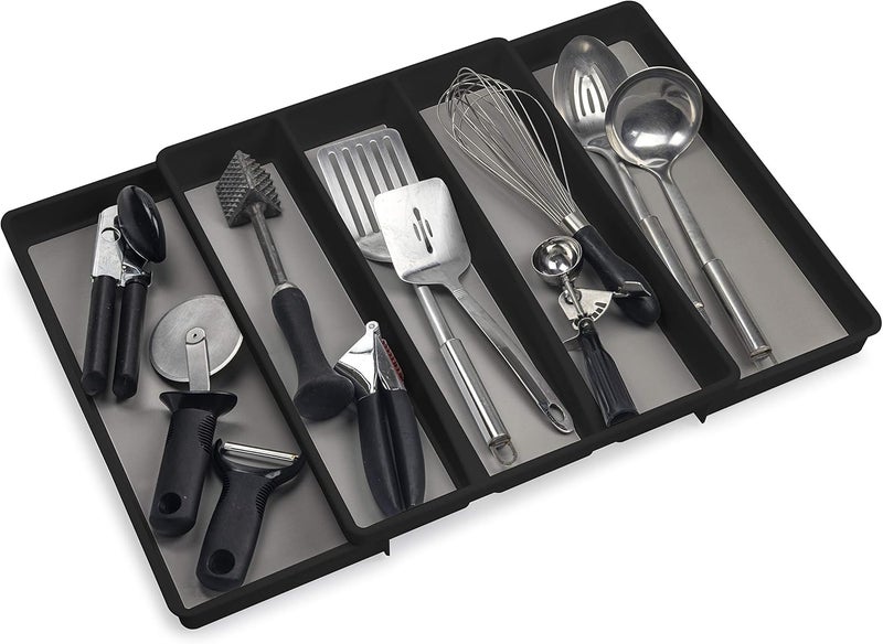 ELTOW Expandable Utensil Drawer Organizer, 5 Compartment Non-Slip & Adjustable Utensil Tray for Kitchen Drawers, Kitchen Organization for Utensils, Office Supplies, Flatware Storage - Black - Image 1