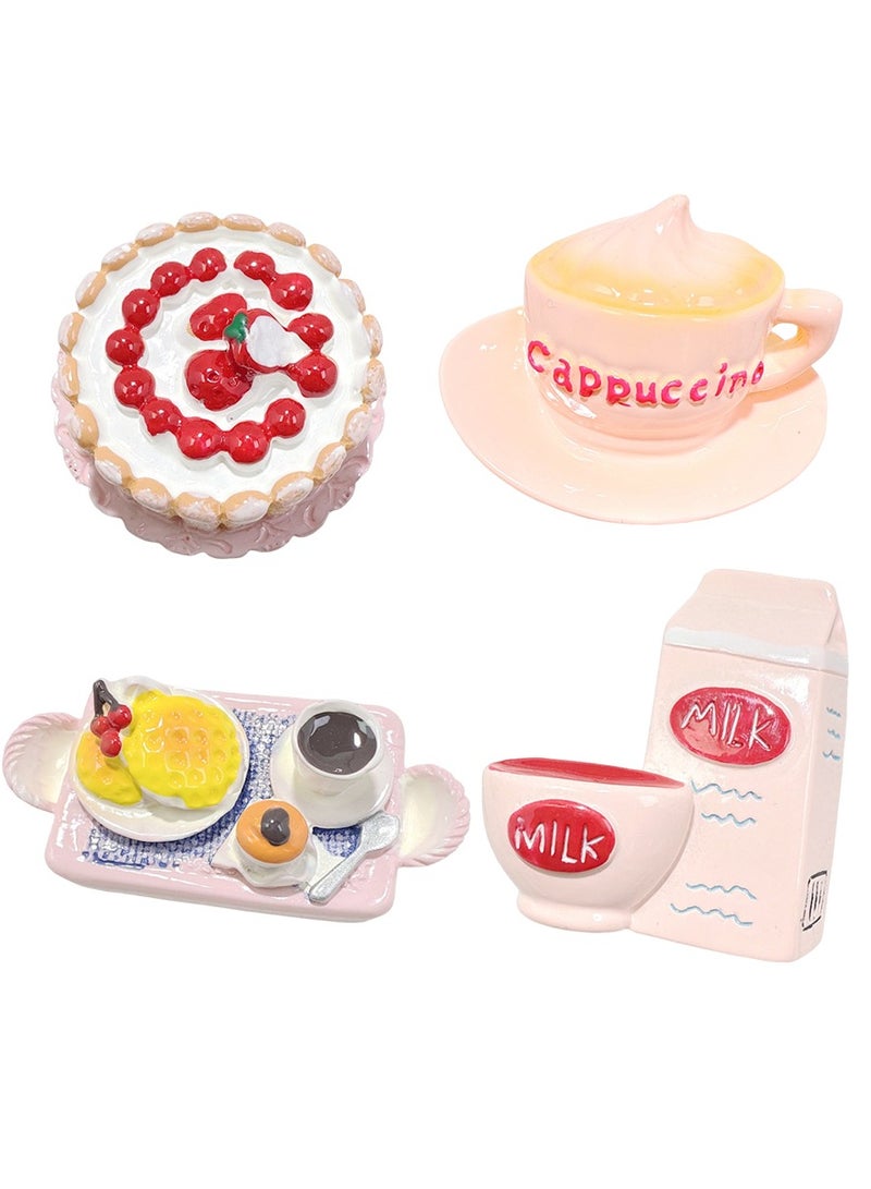 Arabest 4 قطع مغناطيس ثلاجة زخرفي لطيف للمنزل والمطبخ والمكتب وسبورة بيضاء وزخرفة خزانة - مغناطيس ثلاجة طعام مع كعكة فراولة وردية وصندوق حليب كابتشينو وصينية شاي وجبة خفيفة بعد الظهر - Image 1