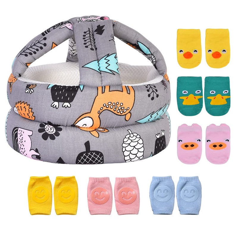 Umtiti Baby Adjustable Helmet, Lightweight and Soft, with 3 Pairs Baby Knee Pads for Crawling & 3 Pairs Baby Socks, Great for Baby Learning to Walk and Crawl. Forest,Gray+6 - Image 1