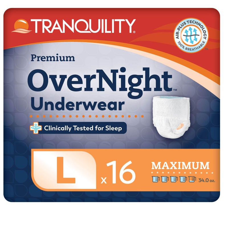 Tranquility Premium OverNight Disposable Absorbent Underwear (16 Count) - L, 44-54 in. Waist - Maximum Absorbency, All-Night Sleep, Breathable Comfort, 16 Adult Diapers - Image 1