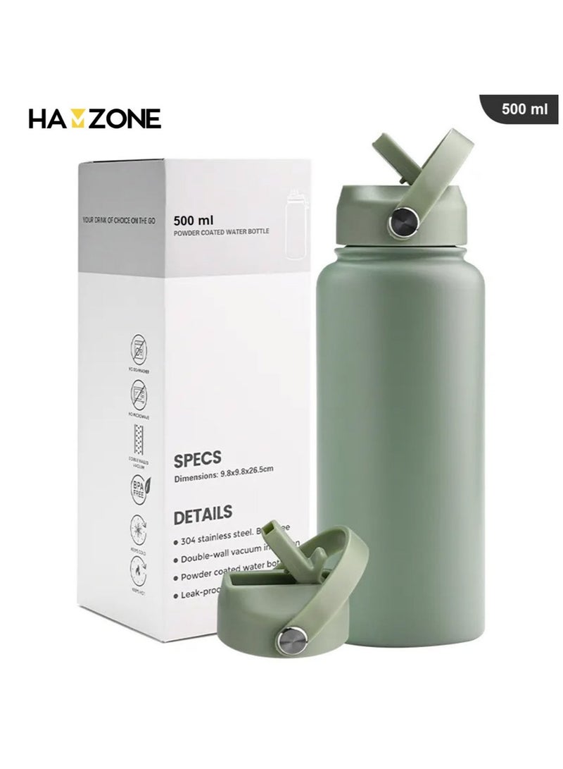 هامزون زجاجة مياه رياضية، زجاجة مياه حرارية معزولة من الفولاذ المقاوم للصدأ مع غطاء من القش، ترمس مزدوج الجدار مانع للتسرب للمشروبات الساخنة والباردة، فوهة واسعة، 500 مل، مثالية للصالة الرياضية والمكتب والمدرسة والتخييم، لون أخضر - Image 1