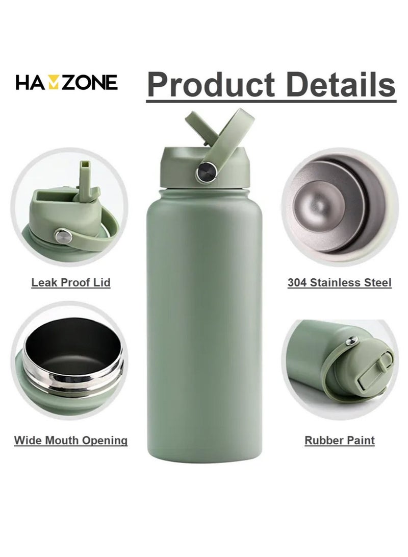 هامزون زجاجة مياه رياضية، زجاجة مياه حرارية معزولة من الفولاذ المقاوم للصدأ مع غطاء من القش، ترمس مزدوج الجدار مانع للتسرب للمشروبات الساخنة والباردة، فوهة واسعة، 500 مل، مثالية للصالة الرياضية والمكتب والمدرسة والتخييم، لون أخضر - Image 2