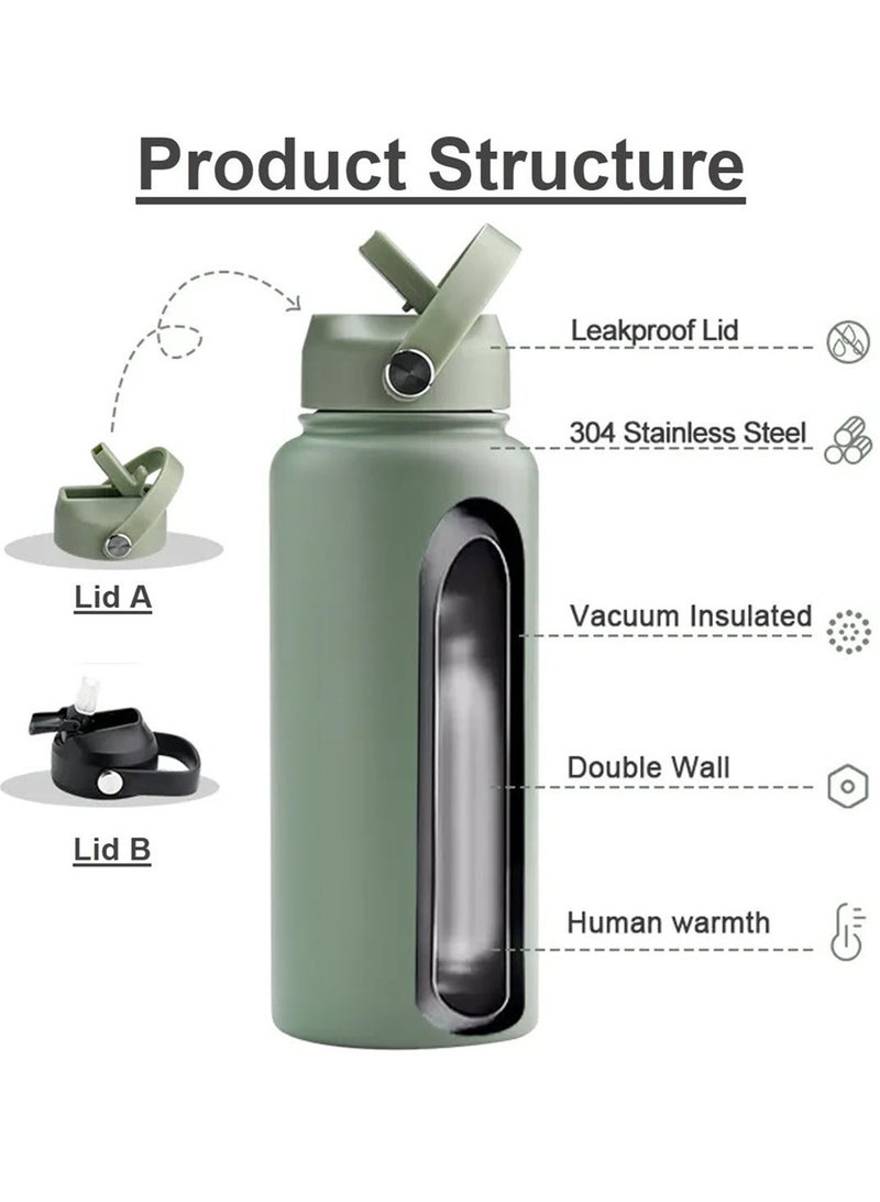 هامزون زجاجة مياه رياضية، زجاجة مياه حرارية معزولة من الفولاذ المقاوم للصدأ مع غطاء من القش، ترمس مزدوج الجدار مانع للتسرب للمشروبات الساخنة والباردة، فوهة واسعة، 500 مل، مثالية للصالة الرياضية والمكتب والمدرسة والتخييم، لون أخضر - Image 3
