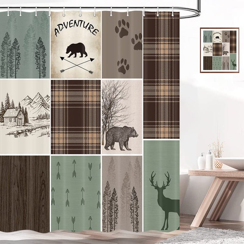 bzwcbei bzwcbei Cabin Retro Rustic Lodge Shower Curtain Bear Deer Country Hunting Wild Animal Fabric Shower Curtains Plaid Check Adventure Bathroom Curtain Liner with Hooks 69x70inches 
