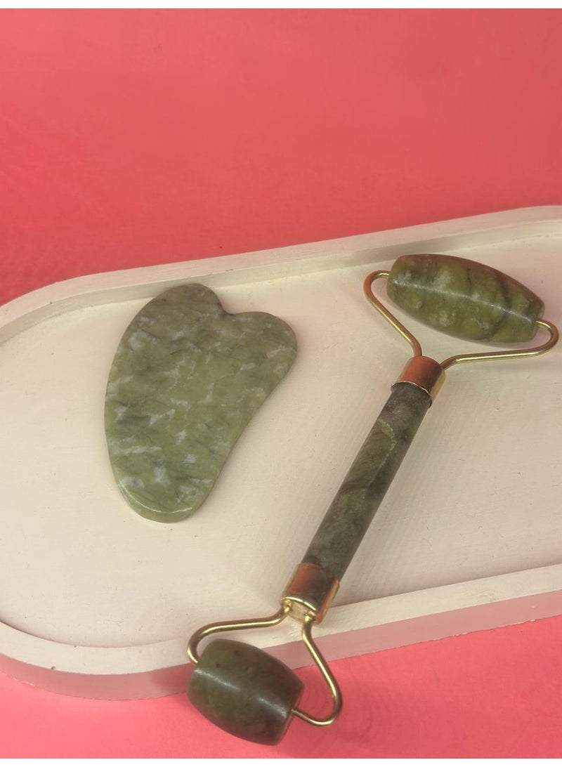 مجموعة أسطوانة رفع الوجه الطبيعية من اليشم وأدوات تدليك غوا شا - Image 3