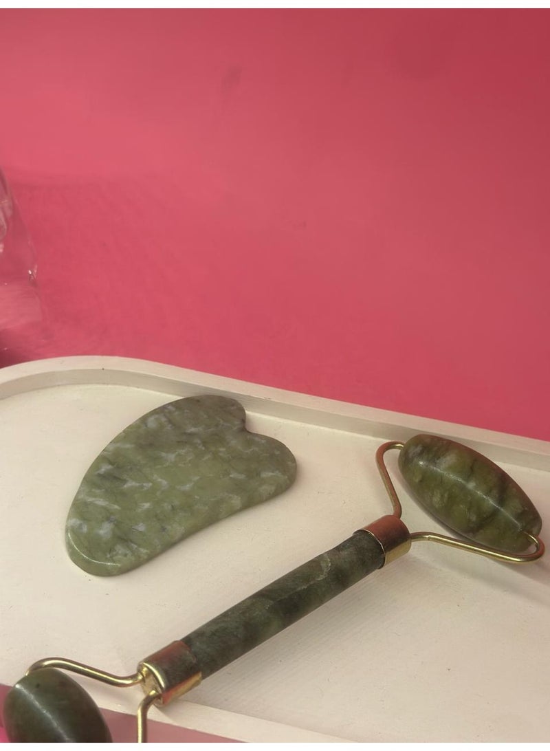 مجموعة أسطوانة رفع الوجه الطبيعية من اليشم وأدوات تدليك غوا شا - Image 1