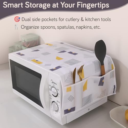 HOKIPO PEVA Waterproof Microwave Oven Cover – 85x35 cm | Dust-Proof Microwave Cover Top with 4 Utility Pockets for Kitchen Storage, Geometric Abstract (AR5877-D1) - Image 2