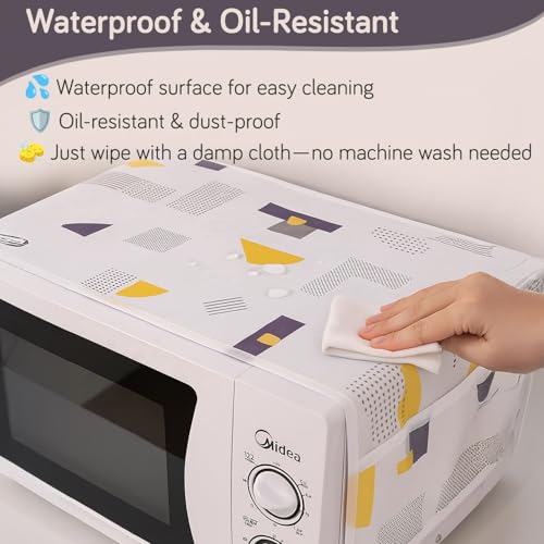 HOKIPO PEVA Waterproof Microwave Oven Cover – 85x35 cm | Dust-Proof Microwave Cover Top with 4 Utility Pockets for Kitchen Storage, Geometric Abstract (AR5877-D1) - Image 3