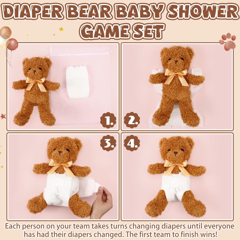 Seenelling 6 Sets Bear Blindfolded Diaper Changing Coed Baby Shower Games Kit Baby Dolls Bears Diapers for Bridal Shower Gender Reveal Games Prizes Gifts for Adults Boys Girls (Tan) - Image 3