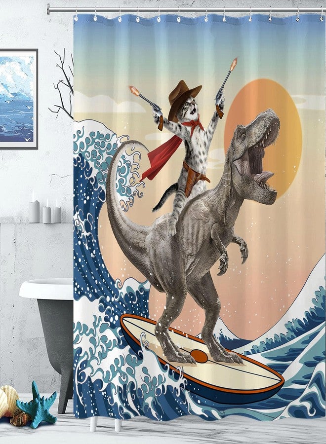 Yeoiat Funny Cat Shower Curtain Cool Cat Riding Dinosaur Surfing in Ocean Wave, Cute Shower Curtain Set 12 Hooks for Bathroom Decor, (72"x72") - Image 2