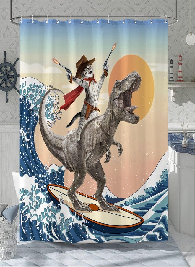 Yeoiat Funny Cat Shower Curtain Cool Cat Riding Dinosaur Surfing in Ocean Wave, Cute Shower Curtain Set 12 Hooks for Bathroom Decor, (72"x72") - Image 3