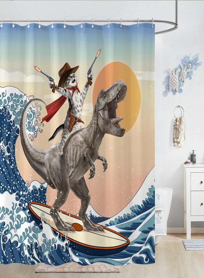 Yeoiat Funny Cat Shower Curtain Cool Cat Riding Dinosaur Surfing in Ocean Wave, Cute Shower Curtain Set 12 Hooks for Bathroom Decor, (72"x72") - Image 4