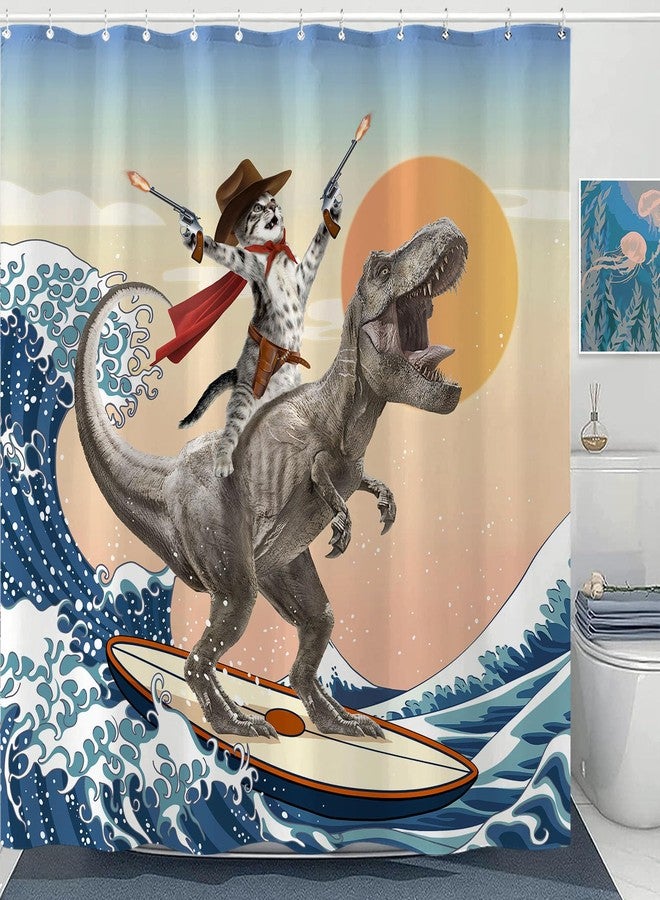 Yeoiat Funny Cat Shower Curtain Cool Cat Riding Dinosaur Surfing in Ocean Wave, Cute Shower Curtain Set 12 Hooks for Bathroom Decor, (72"x72") - Image 1