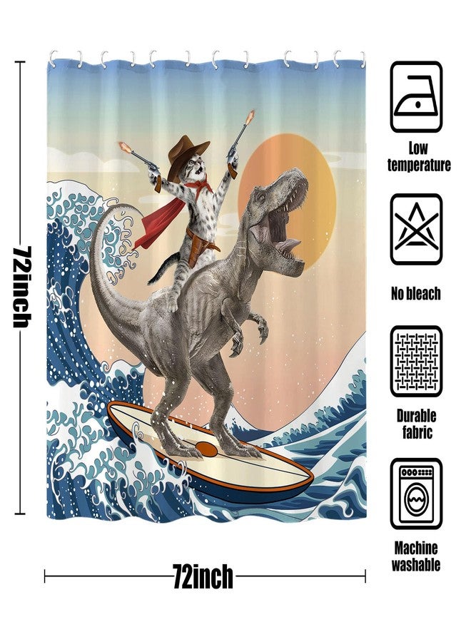 Yeoiat Funny Cat Shower Curtain Cool Cat Riding Dinosaur Surfing in Ocean Wave, Cute Shower Curtain Set 12 Hooks for Bathroom Decor, (72"x72") - Image 5