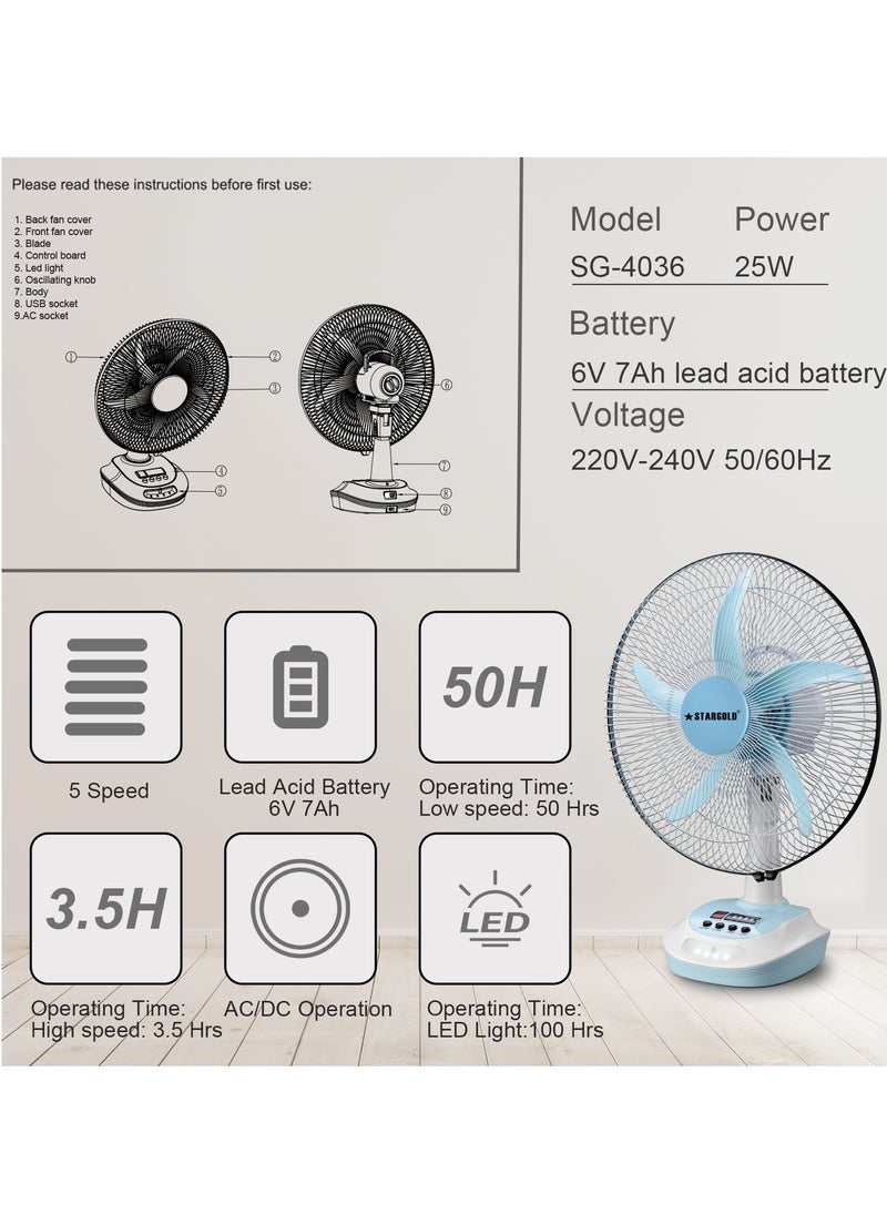 Stargold - Rechargeable Oscillating Fan 5 Speed With LED Light Fan 16inch 25W - Image 1