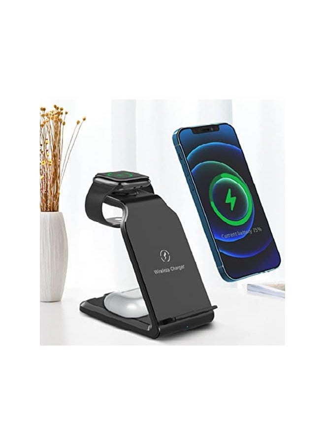 SHOWAY - 15W Fast Wireless Charging Station, 3-in-1 for iPhone, Airpods, Watches and Other Devices Supporting QI Standard (Black) - Image 1