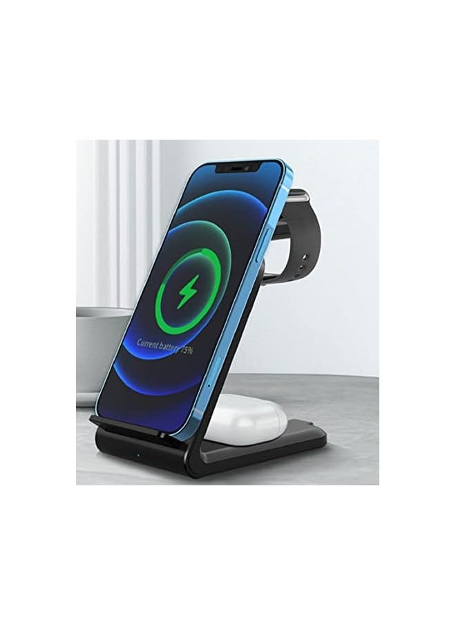 SHOWAY - 15W Fast Wireless Charging Station, 3-in-1 for iPhone, Airpods, Watches and Other Devices Supporting QI Standard (Black) - Image 1