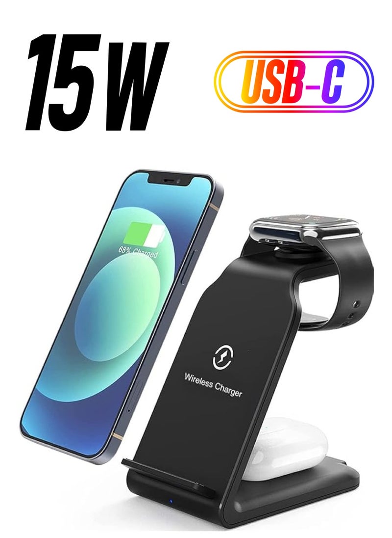 SHOWAY - 15W Fast Wireless Charging Station, 3-in-1 for iPhone, Airpods, Watches and Other Devices Supporting QI Standard (Black) - Image 1