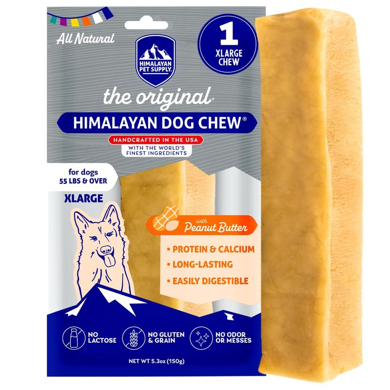 Himalayan Dog Chew جبنة الياك الأصلية من هيمالايا، زبدة الفول السوداني، 1 عصا كبيرة جداً، 5.3 أونصة، خالية من الغلوتين، مكافآت صحية، خالية من الحبوب واللاكتوز 100% طبيعية، مضغ طويل الأمد للكلاب التي تزيد عن 55 رطلاً - Image 1