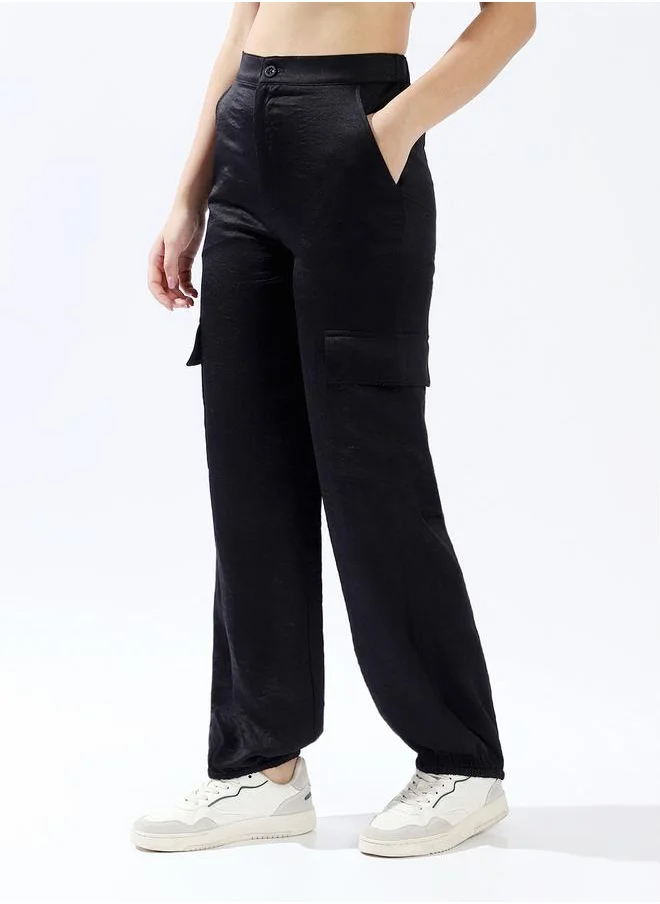 هاي ستار Women Trousers, Oversized, Solid, Black, in 100% Polyester, Button closure, Woven weave, High-Rise waist, perfect for Casual. Redefine your wardrobe now!