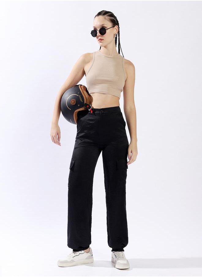 HIGH STAR Women Relaxed Loose Fit High-Rise Cargo Textured Satin Jogger Trousers  - Image 1