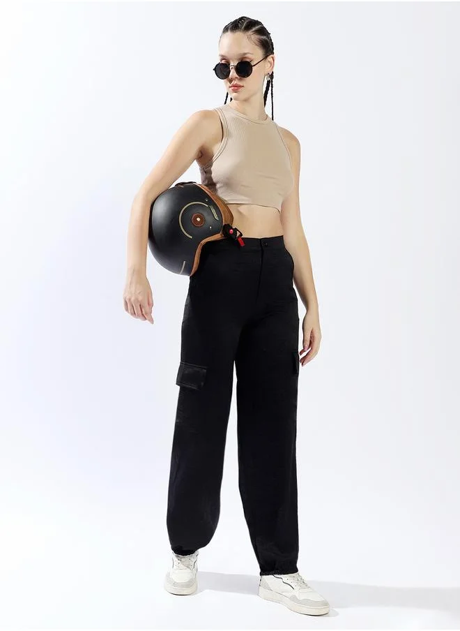 هاي ستار Women Trousers, Oversized, Solid, Black, in 100% Polyester, Button closure, Woven weave, High-Rise waist, perfect for Casual. Redefine your wardrobe now!